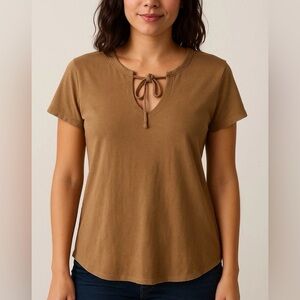 Sundance brown cotton linen tissue‎ t-shirt deep tied v-neck cap sleeves Medium